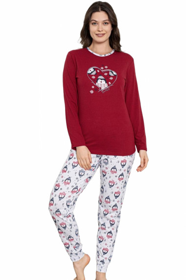 Pijama dama bumbac imprimeu Craciun pinguini rosu