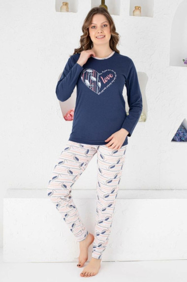 Pijama dama bumbac imprimeu Love bleumarin