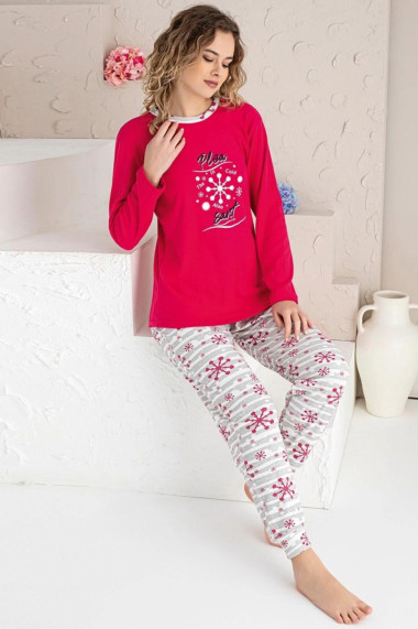 Pijama dama bumbac imprimeu Craciun fulg de nea rosu
