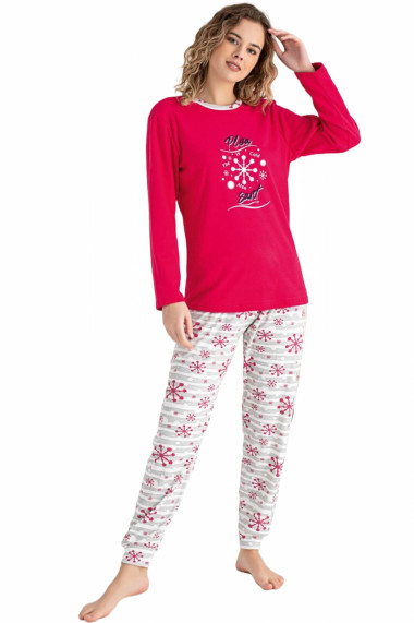 Pijama dama bumbac imprimeu Craciun fulg de nea rosu