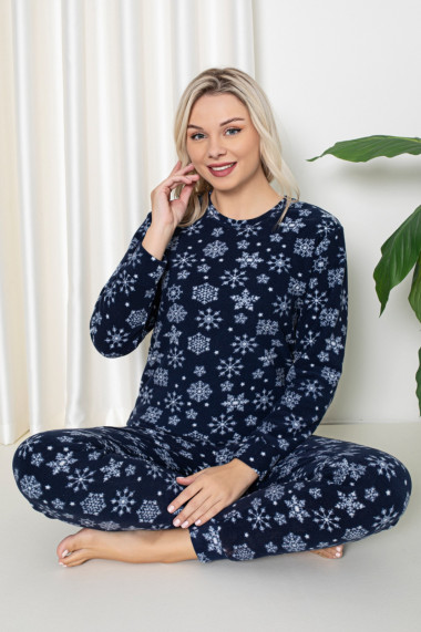 Pijama cocolino dama imprimeu Craciun fulgi de nea bleumarin