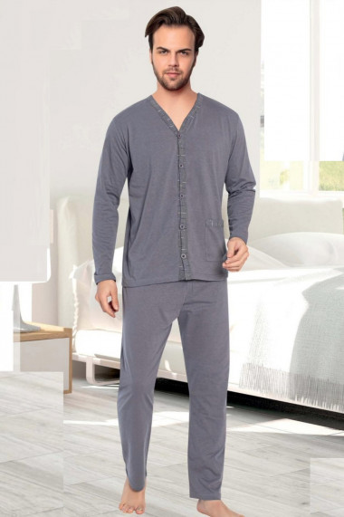 Pijama bumbac barbat cu maneci si pantaloni lungi inchidere nasturi gri