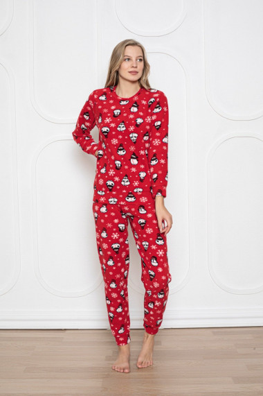 Pijama cocolino dama imprimeu Craciun cu pinguini si fulgi de nea rosu