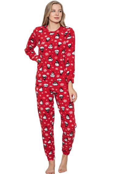 Pijama cocolino dama imprimeu Craciun cu pinguini si fulgi de nea rosu
