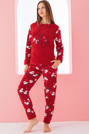Pijama dama cocolino material pufos imprimeu Craciun manusi