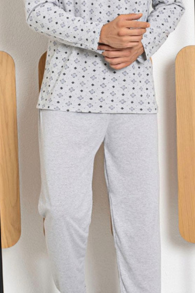 Pijama bumbac barbat maneci pantaloni lungi imprimeu uni gri deschis
