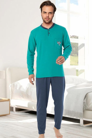 Pijama bumbac interlock barbat maneci pantaloni lungi imprimeu uni verde turcoaz