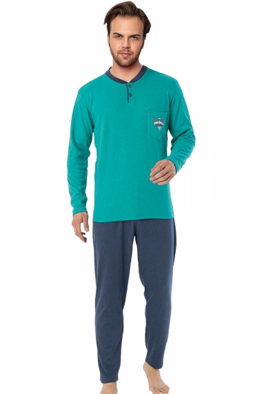 Pijama bumbac interlock barbat maneci pantaloni lungi imprimeu uni verde turcoaz