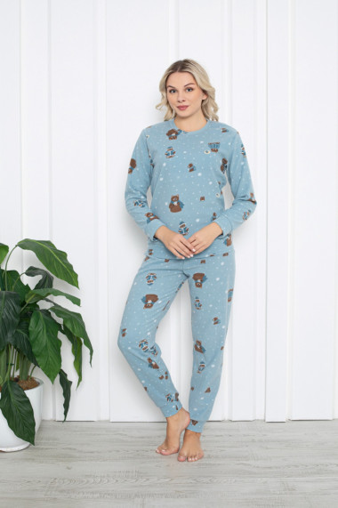 Pijama cocolino dama imprimeu Craciun ursulet albastru