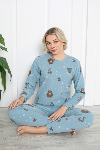 Pijama cocolino dama imprimeu Craciun ursulet albastru