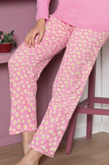 Pijama dama bumbac maneci si pantaloni lungi imprimeu ursuleti flori roz