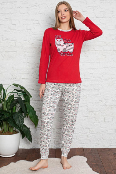 Pijama dama bumbac maneci si pantaloni lungi imprimeu Cute Cats rosu