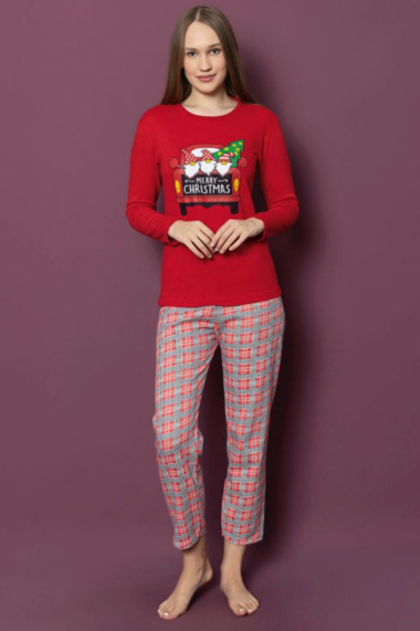 Pijama dama bumbac vatuit cu imprimeu de Craciun Merry Christmas rosu