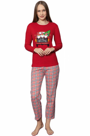 Pijama dama bumbac vatuit cu imprimeu de Craciun Merry Christmas rosu