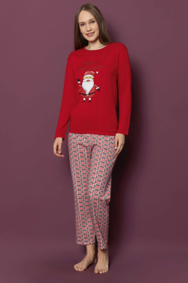 Pijama dama bumbac vatuit cu imprimeu tematica de Craciun Merry Christmas rosu