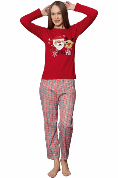 Pijama dama cu imprimeu Craciun Ho Ho Ho bumbac vatuit rosu