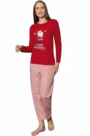 Pijama dama cu imprimeu Craciun Merry Christmas bumbac vatuit rosu