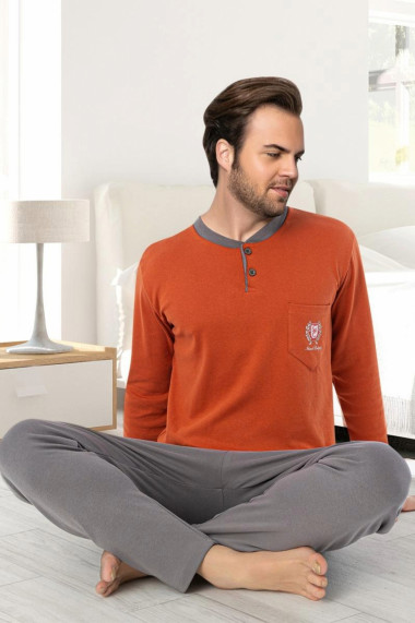 Pijama bumbac interlock barbat maneci pantaloni lungi imprimeu uni portocaliu
