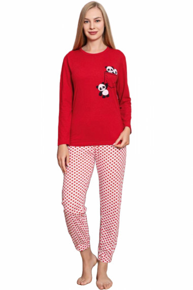 Pijama dama bumbac maneci si pantaloni lungi imprimeu ursuleti panda rosu
