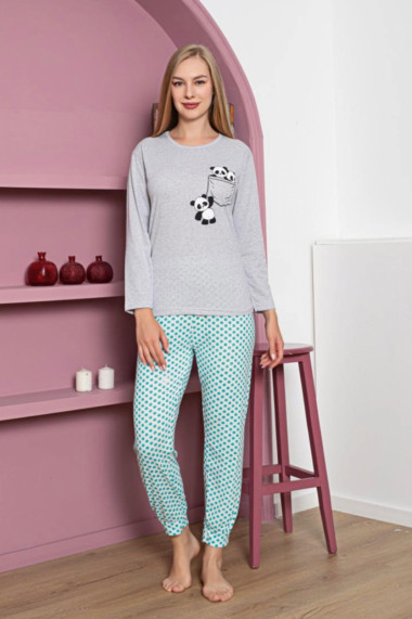 Pijama dama bumbac maneci si pantaloni lungi imprimeu ursuleti panda gri