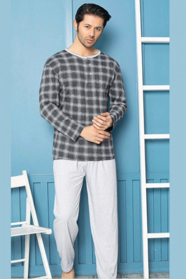 Pijama bumbac barbat cu maneci si pantaloni lungi imprimeu carouri gri deschis