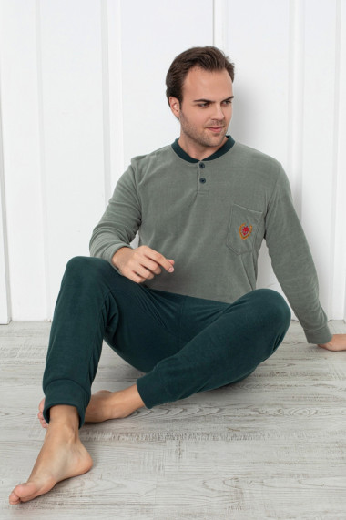 Pijama barbati cocolino material soft polar moale si calduros gri kaki