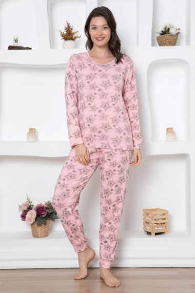 Pijama dama bumbac maneci si pantaloni lungi imprimeu stelute Craciun roz
