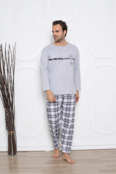 Pijama barbati bumbac vatuit maneci si pantaloni lungi style gri deschis