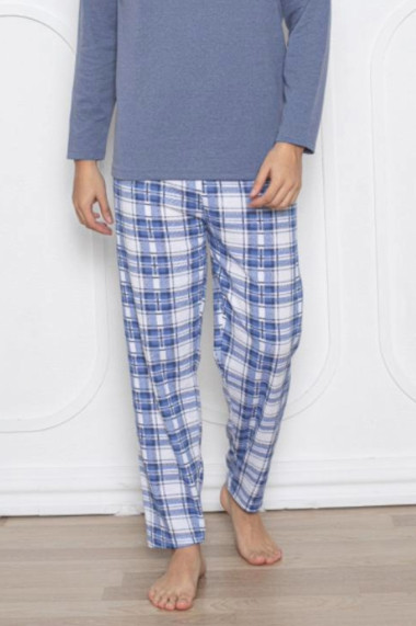 Pijama barbati bumbac vatuit maneci si pantaloni lungi albastru