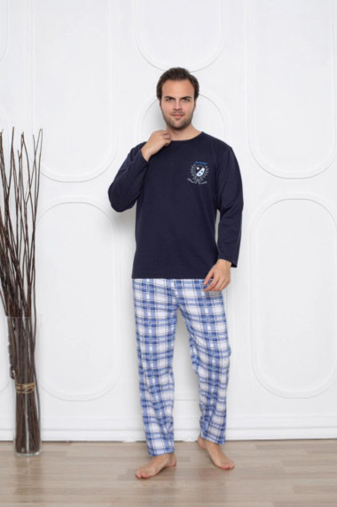 Pijama barbati bumbac vatuit maneci si pantaloni lungi bleumarin