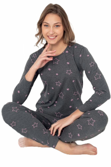 Pijama dama bumbac imprimeu cu stelute gri