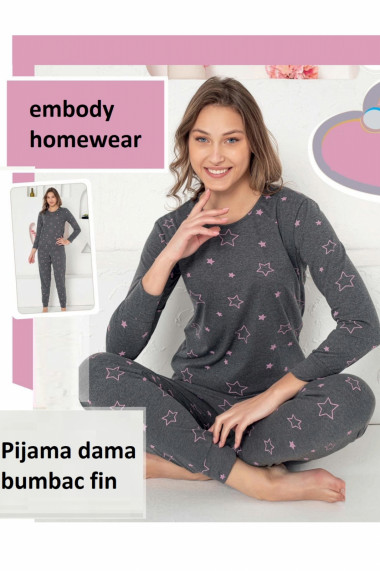 Pijama dama bumbac imprimeu cu stelute gri