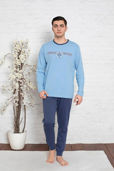Pijama bumbac barbat cu maneci si pantaloni lungi imprimeu tenis albastru