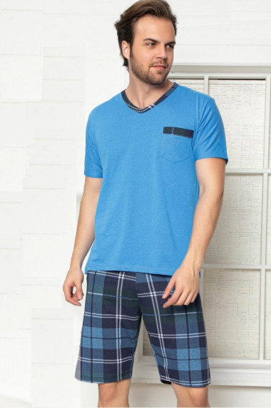 Pijama bumbac premium barbat cu maneci si pantaloni scurti albastru