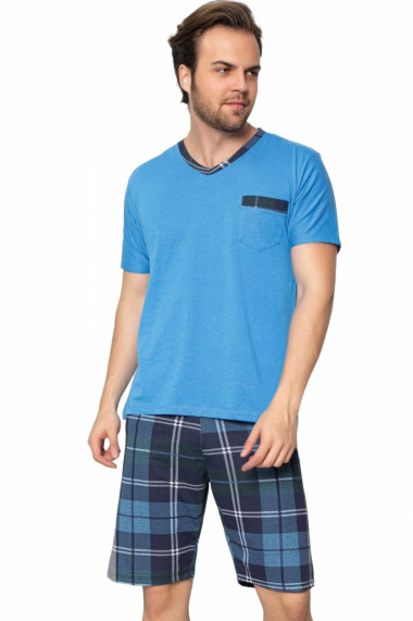 Pijama bumbac premium barbat cu maneci si pantaloni scurti albastru