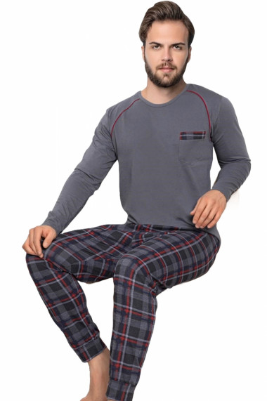 Pijama bumbac superior barbat cu maneci si pantaloni lungi gri