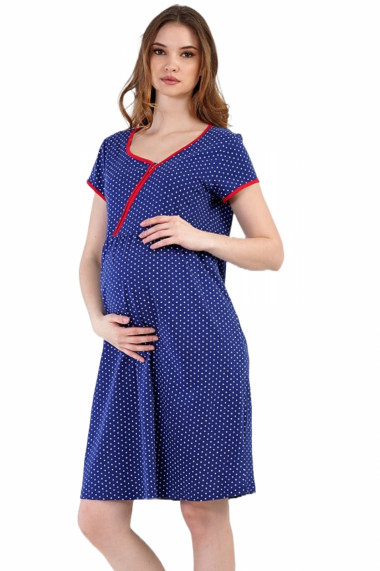 Camasa de noapte gravida deschidere pentru alaptat bumbac imprimeu buline albastru