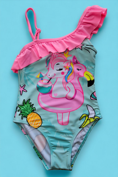 Costum de baie fete intreg imprimeu unicorn roz albastru