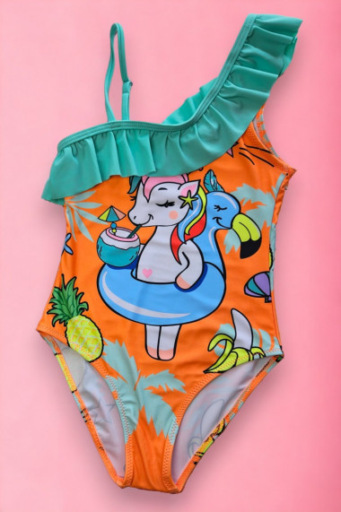Costum de baie fete intreg imprimeu unicorn portocaliu
