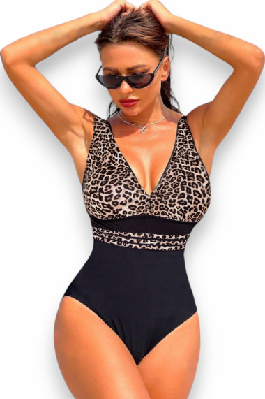 Costum baie intreg dama cu efect modelator negru animal print Leo Queen