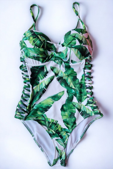 Costum baie intreg dama cu efect modelator imprimeu tropical verde alb