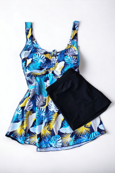 Costum de baie marime mare tip tankini doua piese fusta si pantaloni scurti albastru Sunny palms