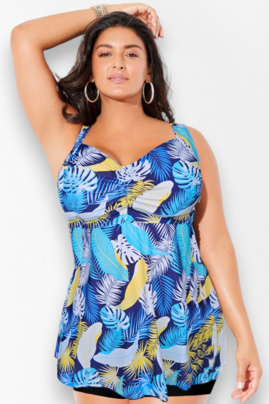 Costum de baie marime mare tip tankini doua piese fusta si pantaloni scurti albastru Sunny palms