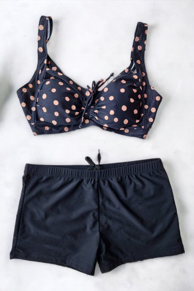 Costum de baie 2 piese marime mare slip tip pantaloni scurti sutien bustiera negru Dots