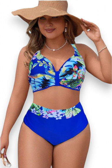 Costum de baie dama 2 piese marime mare slip talie inalta cupa voluminoasa albastru