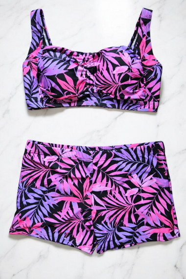 Costum de baie 2 piese marime mare cu slipi tip pantaloni scurti sutien bustiera Mov Palms