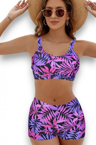 Costum de baie 2 piese marime mare cu slipi tip pantaloni scurti sutien bustiera Mov Palms
