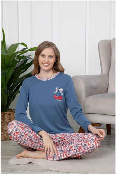 Pijama dama bumbac imprimeu cherry albastru 2056