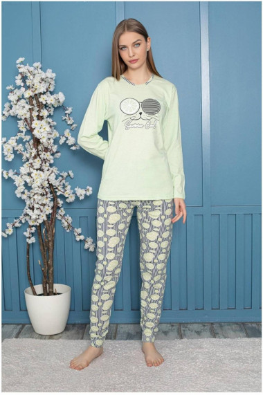 Pijama dama bumbac confortabila cu imprimeu cool cat vernil 807