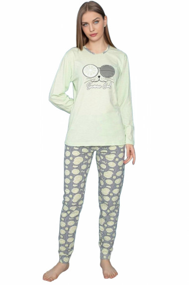 Pijama dama bumbac confortabila cu imprimeu cool cat vernil 807